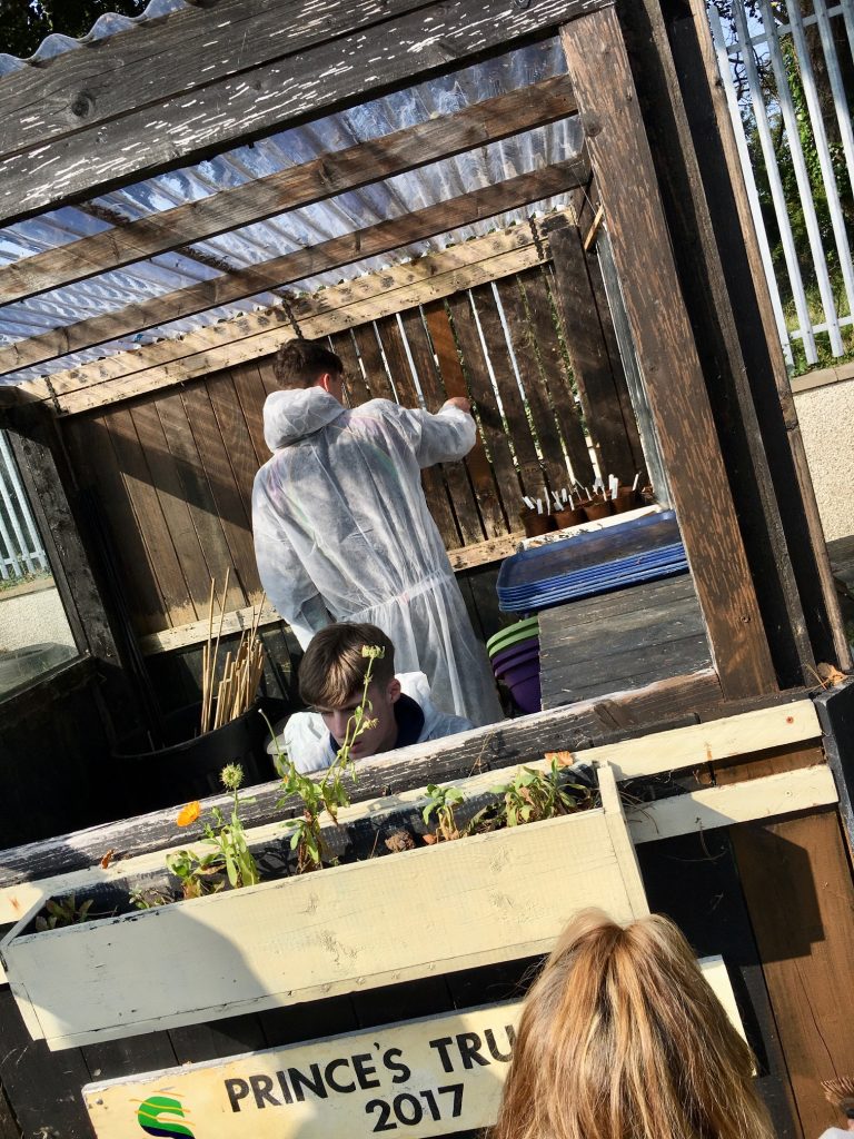 Student painting inside the greenhouse